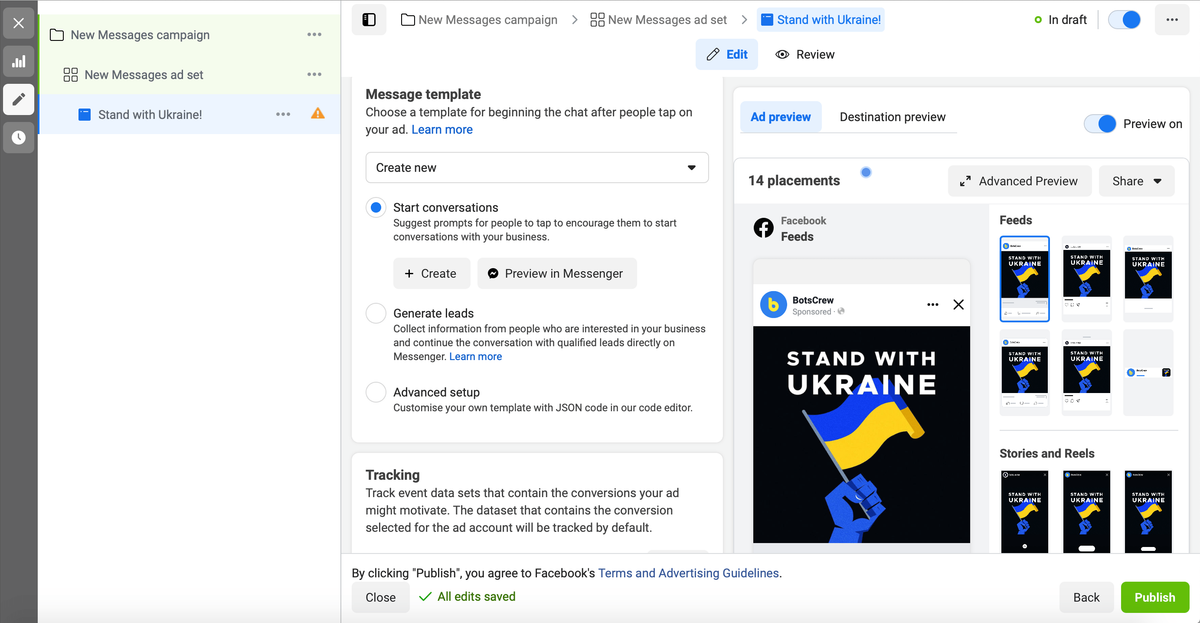 The Ad screen's Message template section with “Start conversations” selected, beside an ad preview of a BotsCrew “Stand with Ukraine” creative across 14 placements