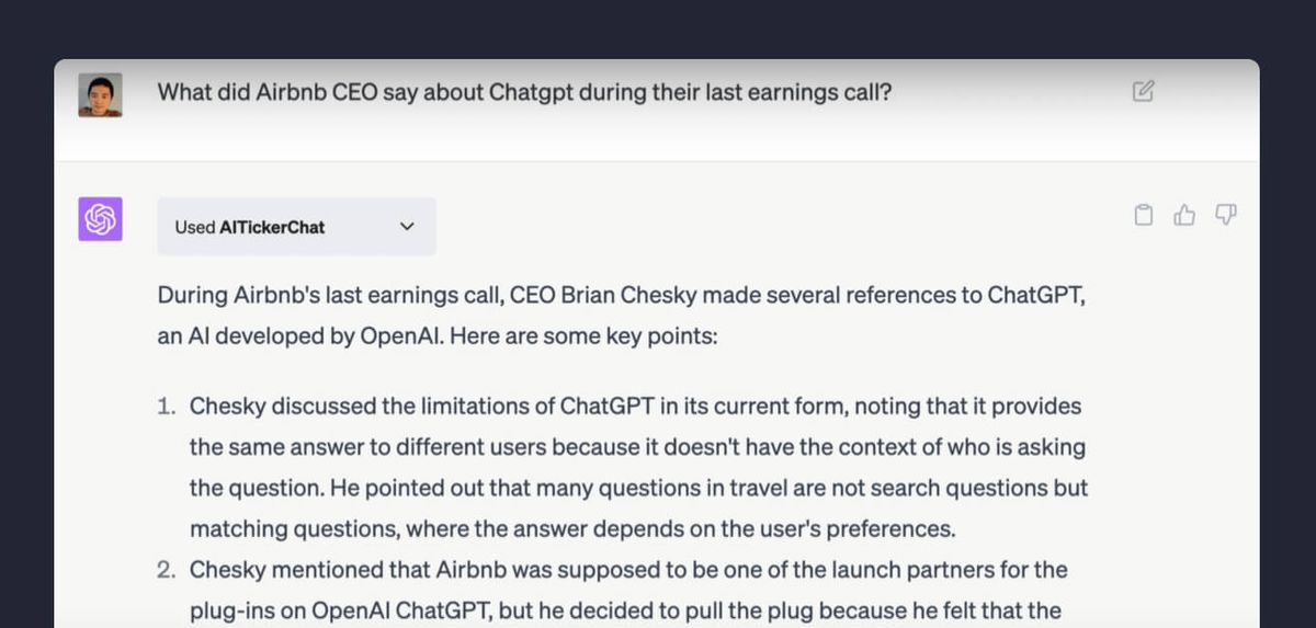 A ChatGPT conversation asking what Airbnb's CEO said about ChatGPT on the last earnings call, answered using the AITickerChat plugin with a numbered summary of Brian Chesky's remarks.