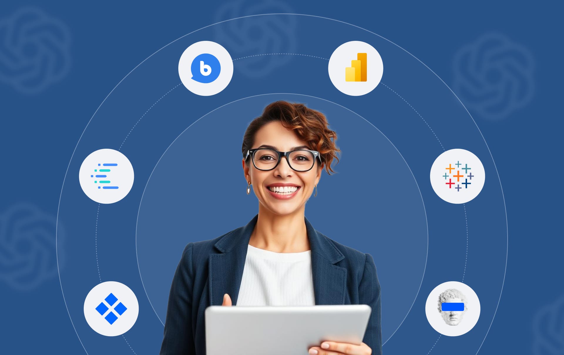 A smiling analyst holding a tablet, ringed by the logos of the tools this guide covers - IBM Cognos Analytics, BotsCrew, Microsoft Power BI, Tableau, Akkio and Julius AI - on a blue background