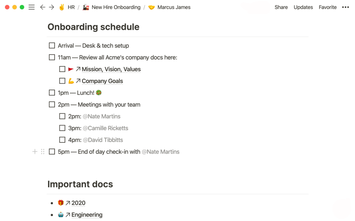 A Notion onboarding schedule checklist: arrival and desk setup, an 11am review of company docs, 1pm lunch, 2pm meetings with the team and a 5pm end-of-day check-in, above an Important docs list