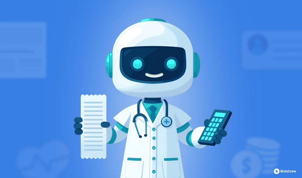 An illustrated robot doctor in a white coat holding an itemised bill in one hand and a calculator in the other