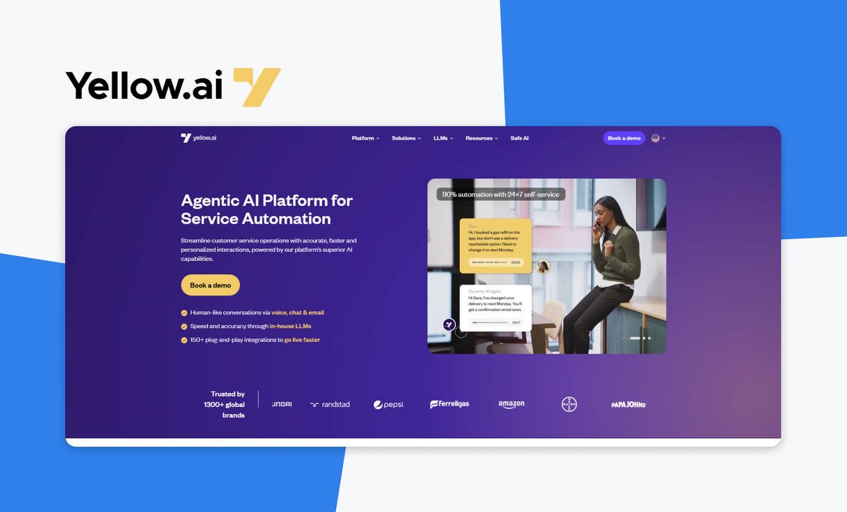 The Yellow.ai logo above a screenshot of the Yellow.ai homepage