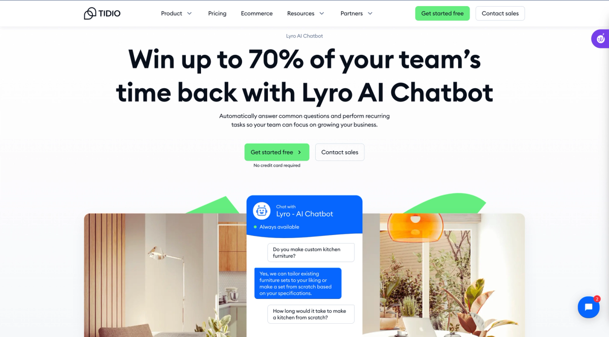 The Tidio homepage: “Win up to 70% of your team's time back with Lyro AI Chatbot” above a furniture-store screenshot with a live chat conversation.