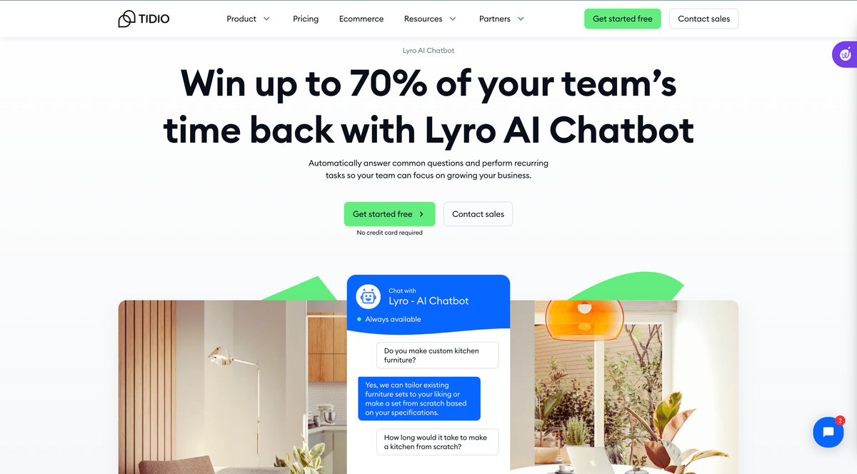 The Tidio homepage: “Win up to 70% of your team's time back with Lyro AI Chatbot” above a furniture-store screenshot with a live chat conversation.