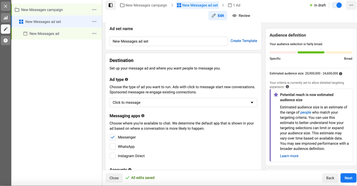 The ad set screen: an ad set name field, a Destination section with ad type set to “Click to message”, and Messaging apps with Messenger ticked next to WhatsApp and Instagram Direct