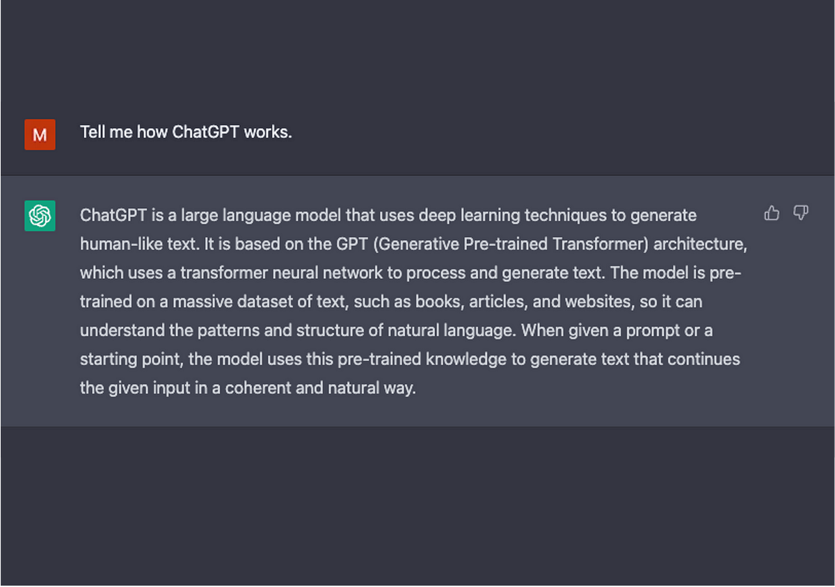 ChatGPT answering the prompt "Tell me how ChatGPT works" in the chat interface
