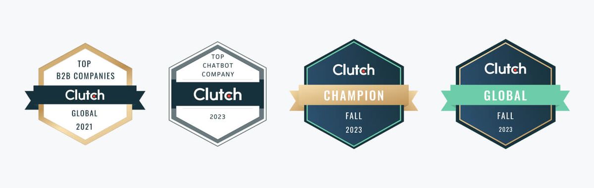 Four Clutch award badges for BotsCrew: Top B2B Companies Global 2021, Top Chatbot Company 2023, Champion Fall 2023 and Global Fall 2023