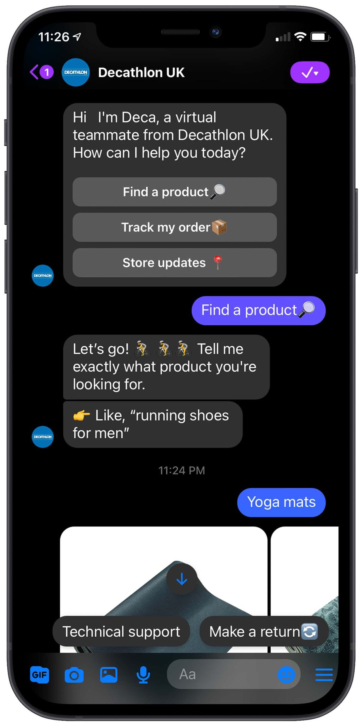 Decathlon UK's Messenger bot, Deca, offering Find a product, Track my order and Store updates, then asking what the shopper is looking for and returning yoga mat results with Technical support and Make a return buttons