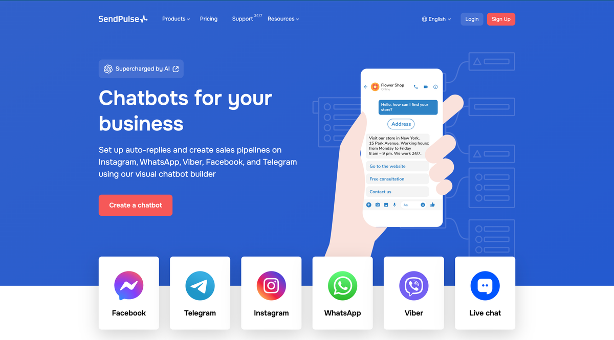 The SendPulse homepage: “Chatbots for your business” beside a phone mockup, over Facebook, Telegram, Instagram, WhatsApp, Viber and live chat channel tiles.