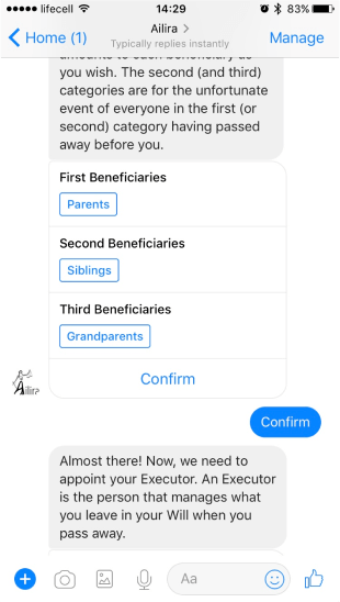 An iPhone showing the Ailira Messenger chatbot asking a user to appoint beneficiaries and an executor for their will, with quick-reply buttons