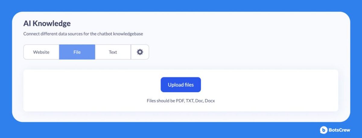 BotsCrew AI Knowledge screen with the File tab selected, offering to upload PDF, TXT, Doc or Docx files into the chatbot knowledge base