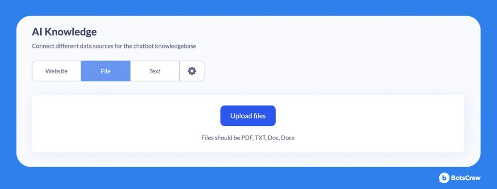 BotsCrew AI Knowledge screen with the File tab selected, offering to upload PDF, TXT, Doc or Docx files into the chatbot knowledge base