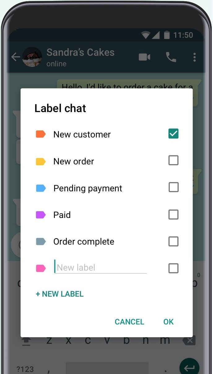 The WhatsApp Business "Label chat" dialog over a customer conversation, with the colour-coded labels New customer (ticked), New order, Pending payment, Paid and Order complete, plus an empty "New label" field