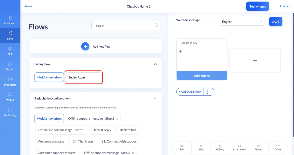 Flows tab with a new Ending Flow expanded and its "Ending Atom" name field highlighted