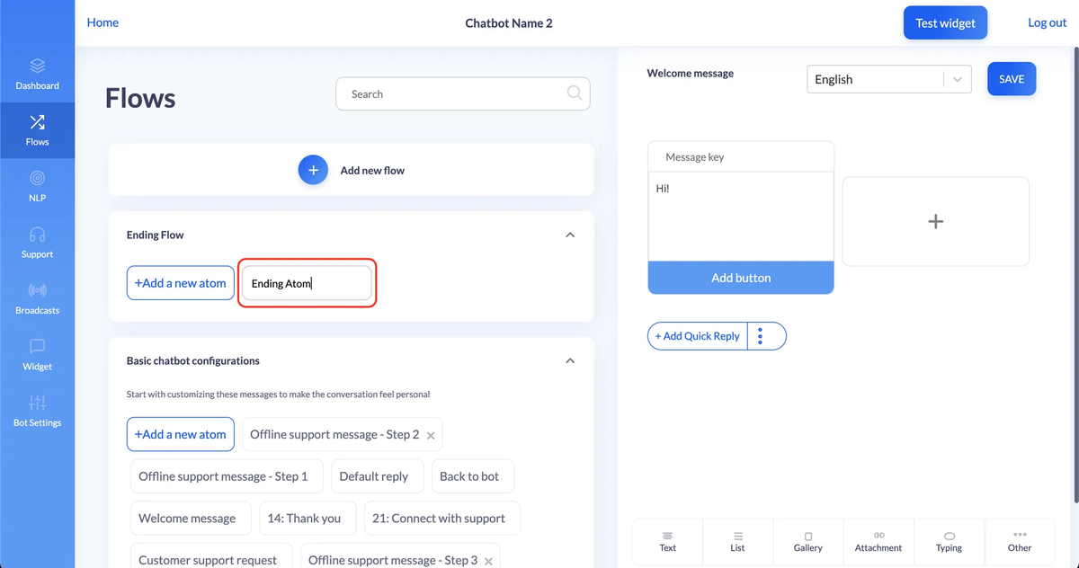 Flows tab with a new Ending Flow expanded and its "Ending Atom" name field highlighted