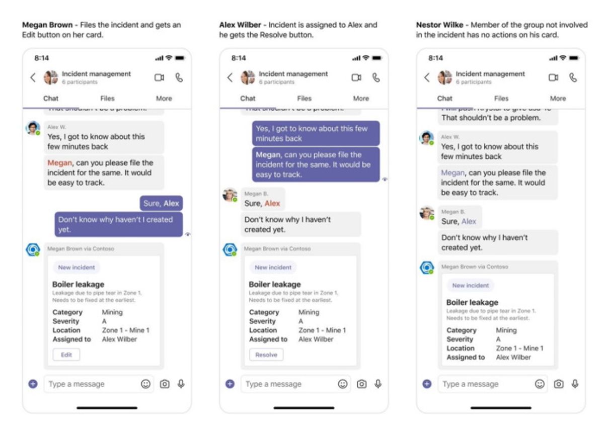 Three phone screenshots of the same Teams incident-management chat, each captioned with what that person sees. Megan Brown files the incident and gets an Edit button on her card; Alex Wilber, to whom the incident is assigned, gets a Resolve button; Nestor Wilke, a group member not involved in the incident, has no actions on his card. All three show the same New incident card for a boiler leakage — “Leakage due to pipe tear in Zone 1. Needs to be fixed at the earliest.” — with category Mining, severity A, location Zone 1 - Mine 1 and assigned to Alex Wilber