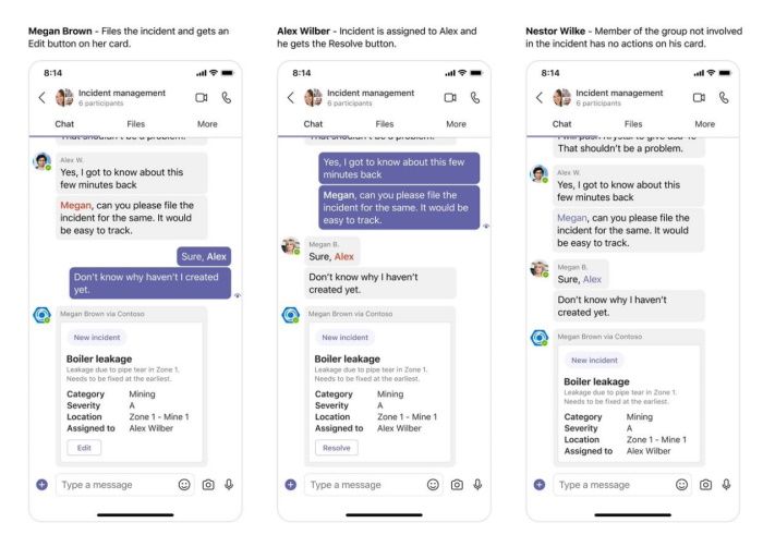 Three phone screenshots of the same Teams incident-management chat, each captioned with what that person sees. Megan Brown files the incident and gets an Edit button on her card; Alex Wilber, to whom the incident is assigned, gets a Resolve button; Nestor Wilke, a group member not involved in the incident, has no actions on his card. All three show the same New incident card for a boiler leakage — “Leakage due to pipe tear in Zone 1. Needs to be fixed at the earliest.” — with category Mining, severity A, location Zone 1 - Mine 1 and assigned to Alex Wilber