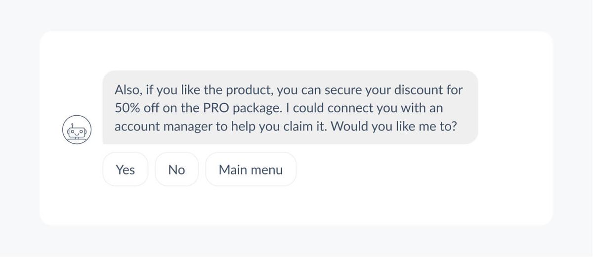 A chatbot message offering a 50%-off discount on the PRO package and an introduction to an account manager, followed by three quick-reply buttons: Yes, No, Main menu