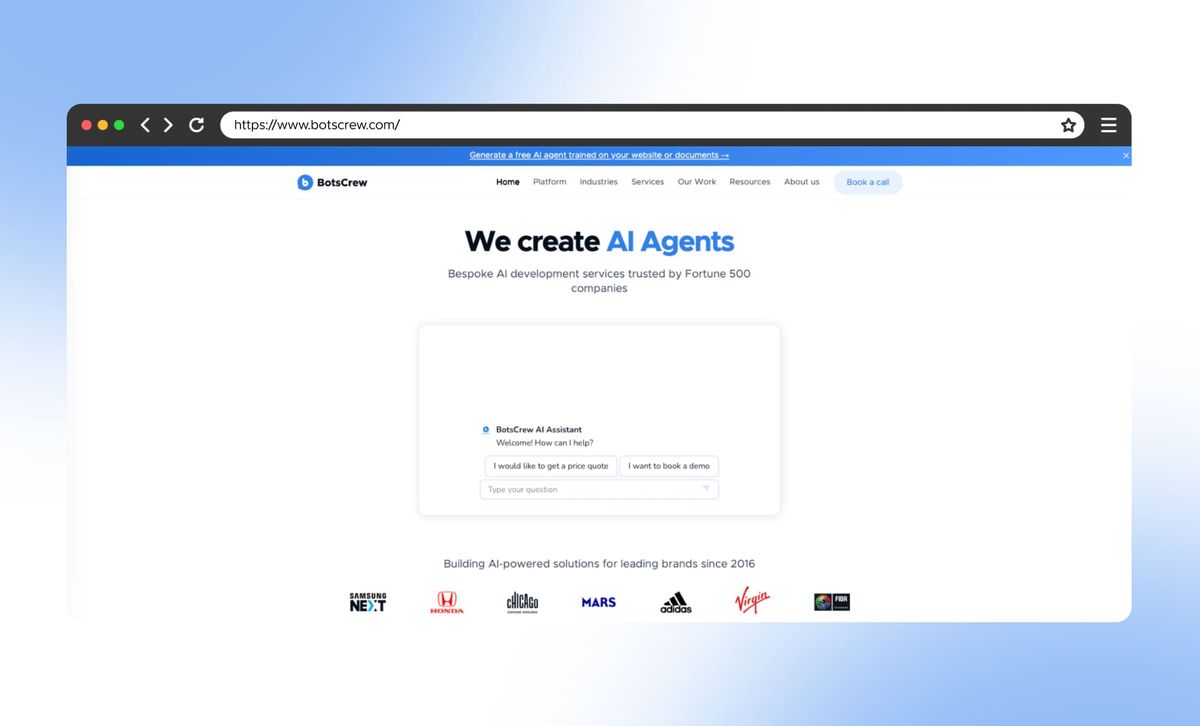 The BotsCrew homepage in a browser window, headlined "We create AI Agents" above an AI assistant demo and client logos including Samsung NEXT, Honda, Mars, adidas and Virgin
