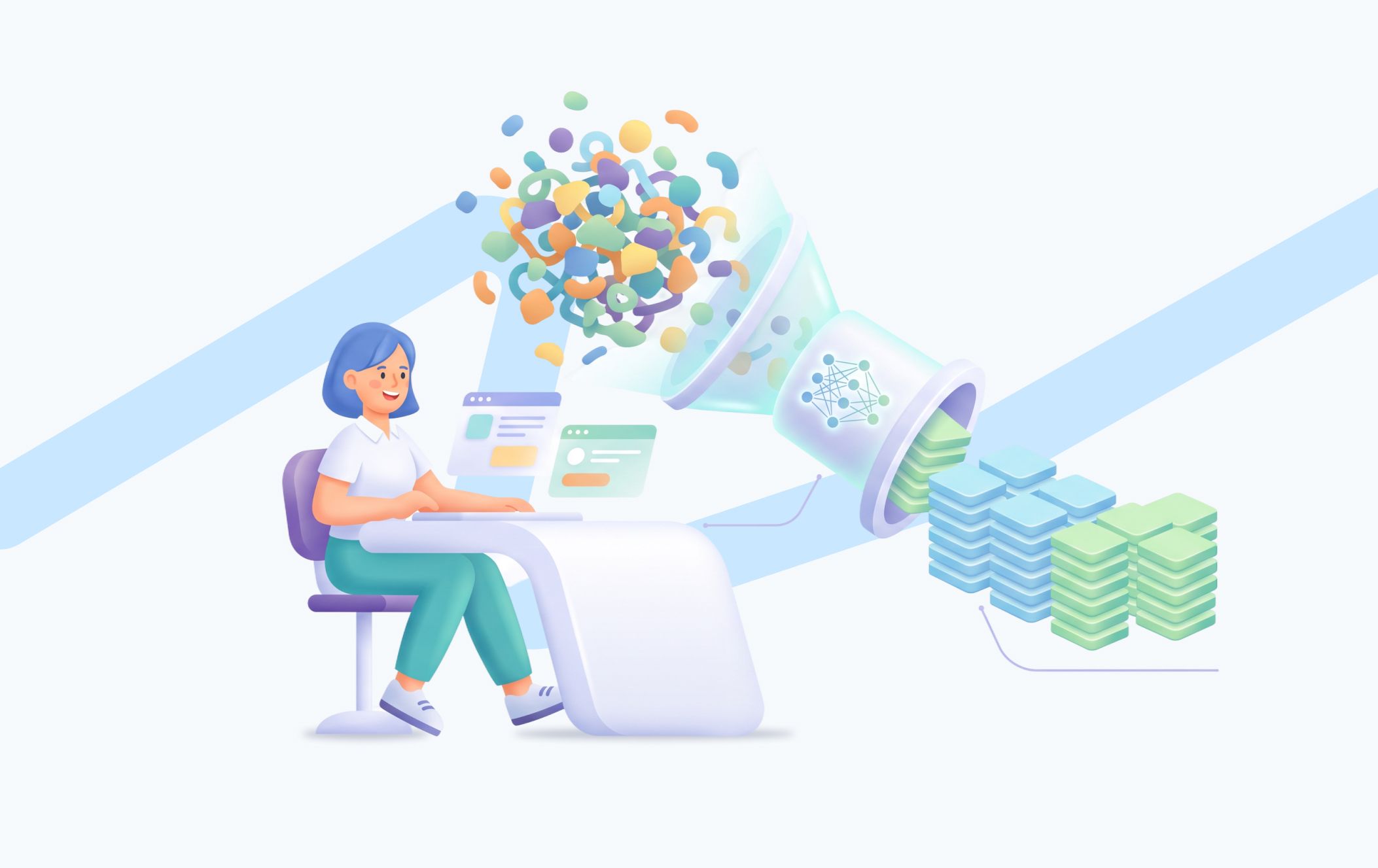 Messy, unstructured company data being filtered into clean, structured data for an AI agent