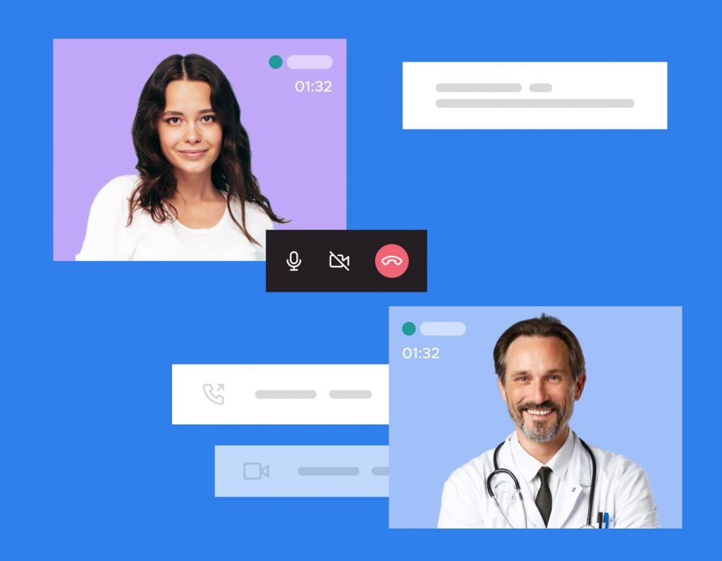 An illustration of a telehealth video call: a patient and a doctor in separate video tiles with a call timer and mute, camera and hang-up controls between them