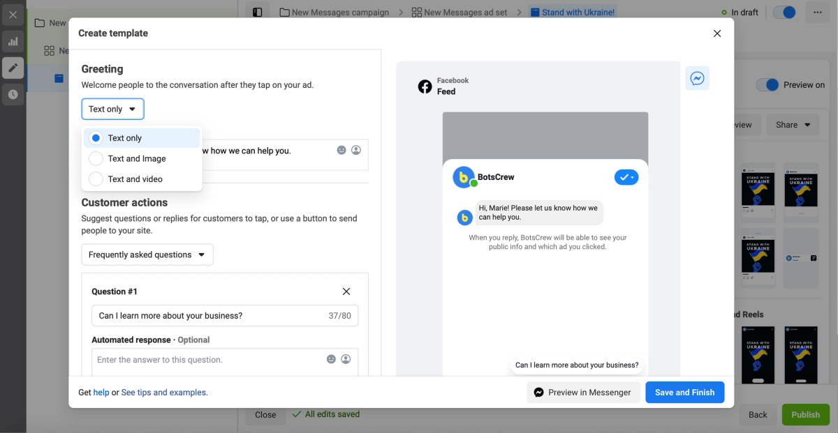 The greeting format dropdown in the template editor, open on its three choices: Text only, Text and Image, Text and video