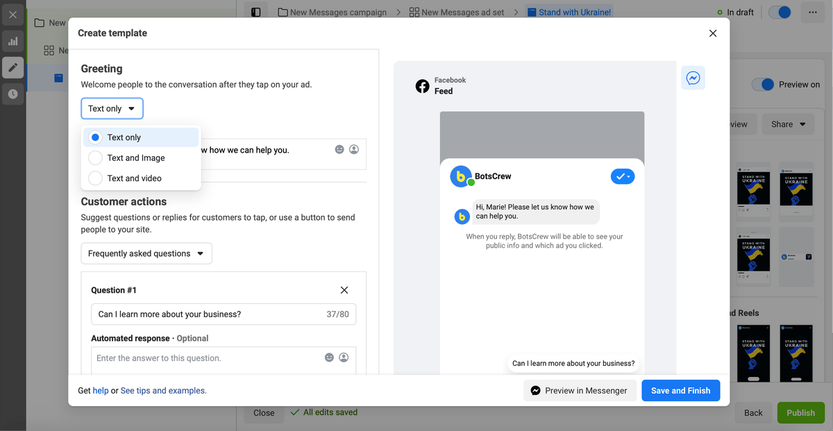 The greeting format dropdown in the template editor, open on its three choices: Text only, Text and Image, Text and video