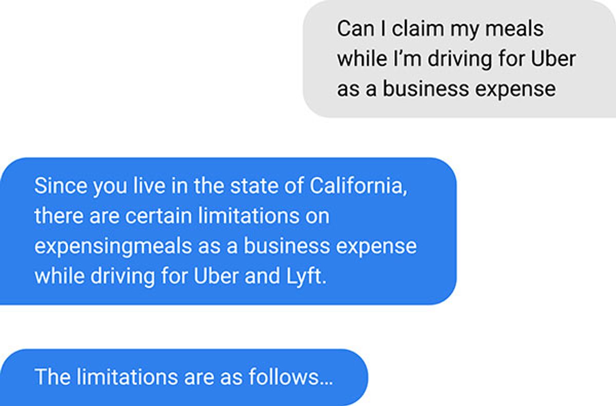 A chatbot answering a question about claiming meals as a business expense by first recalling that the user lives in California