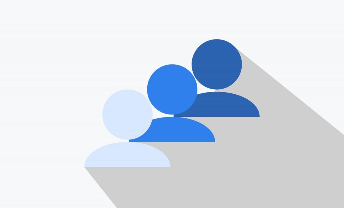Three abstract person icons in ascending shades of blue, each casting a long flat shadow