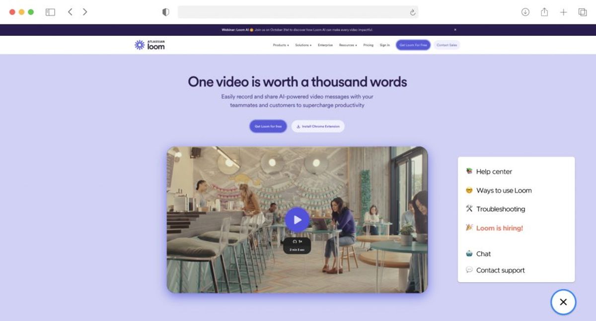 Loom's homepage with its in-product help widget open, offering Help center, Ways to use Loom, Troubleshooting, Chat and Contact support