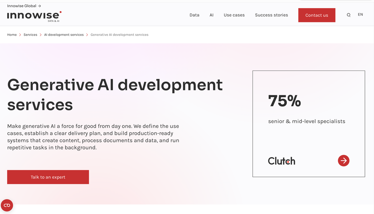 The Innowise generative AI development services page, headlined 'Generative AI development services' beside a card reading '75% senior & mid-level specialists' sourced to Clutch, with a 'Talk to an expert' button