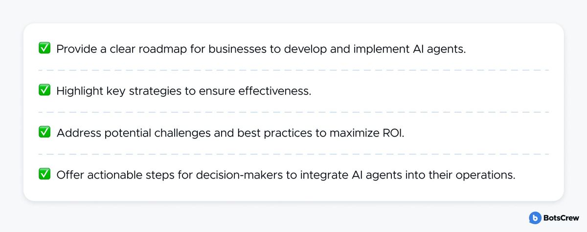 Checklist card answering "We will": provide a clear roadmap for businesses to develop and implement AI agents; highlight key strategies to ensure effectiveness; address potential challenges and best practices to maximize ROI; offer actionable steps for decision-makers to integrate AI agents into their operations