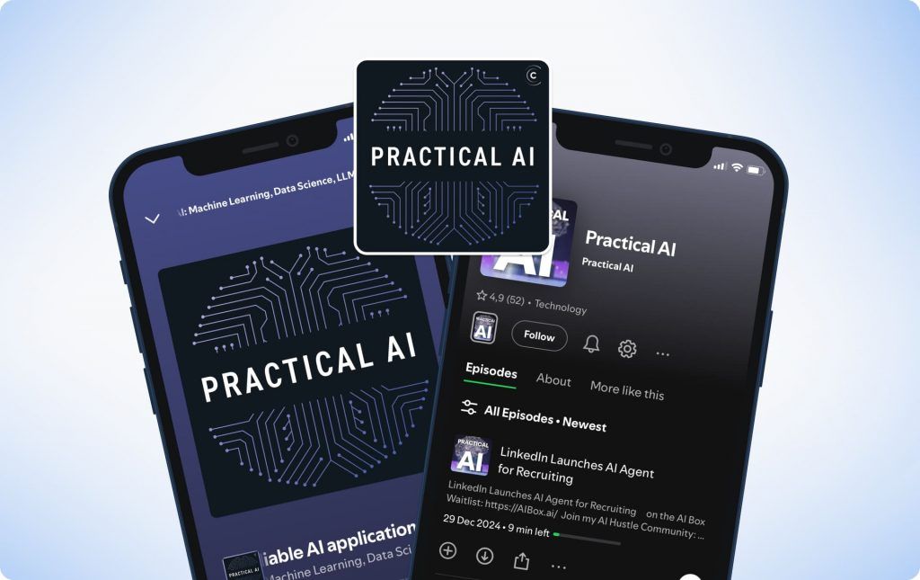 Practical AI cover art beside the show open in a podcast app on two phones