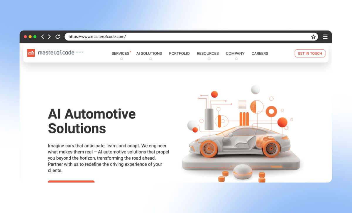 The Master of Code Global site in a browser window, headlined "AI Automotive Solutions" beside a 3D rendering of a car wired into an AI diagram
