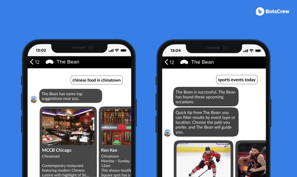 Two phone screens showing The Bean chatbot for Choose Chicago. On the left a user asks for “chinese food in chinatown” and the bot returns restaurant cards for MCCB Chicago and Ken Kee; on the right a user asks for “sports events today” and the bot returns event cards after offering to filter by event type or location.