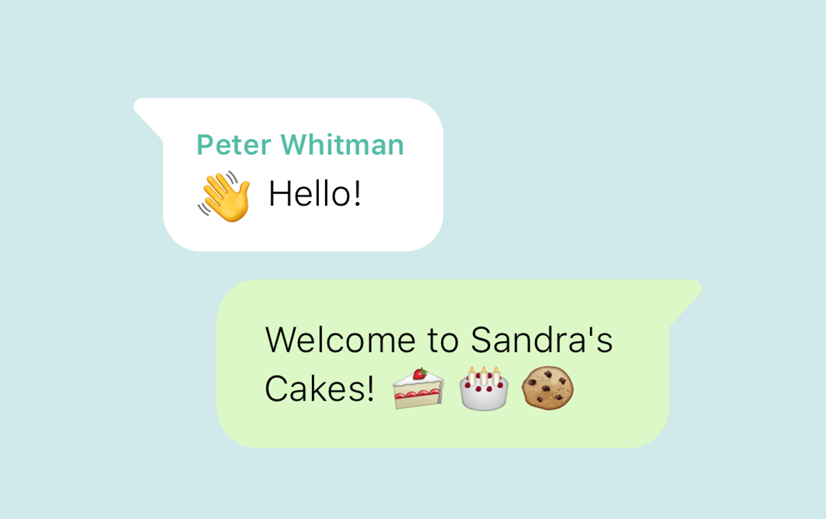 Two chat bubbles: Peter Whitman writes "Hello!" and the business answers with the automatic greeting "Welcome to Sandra's Cakes!"