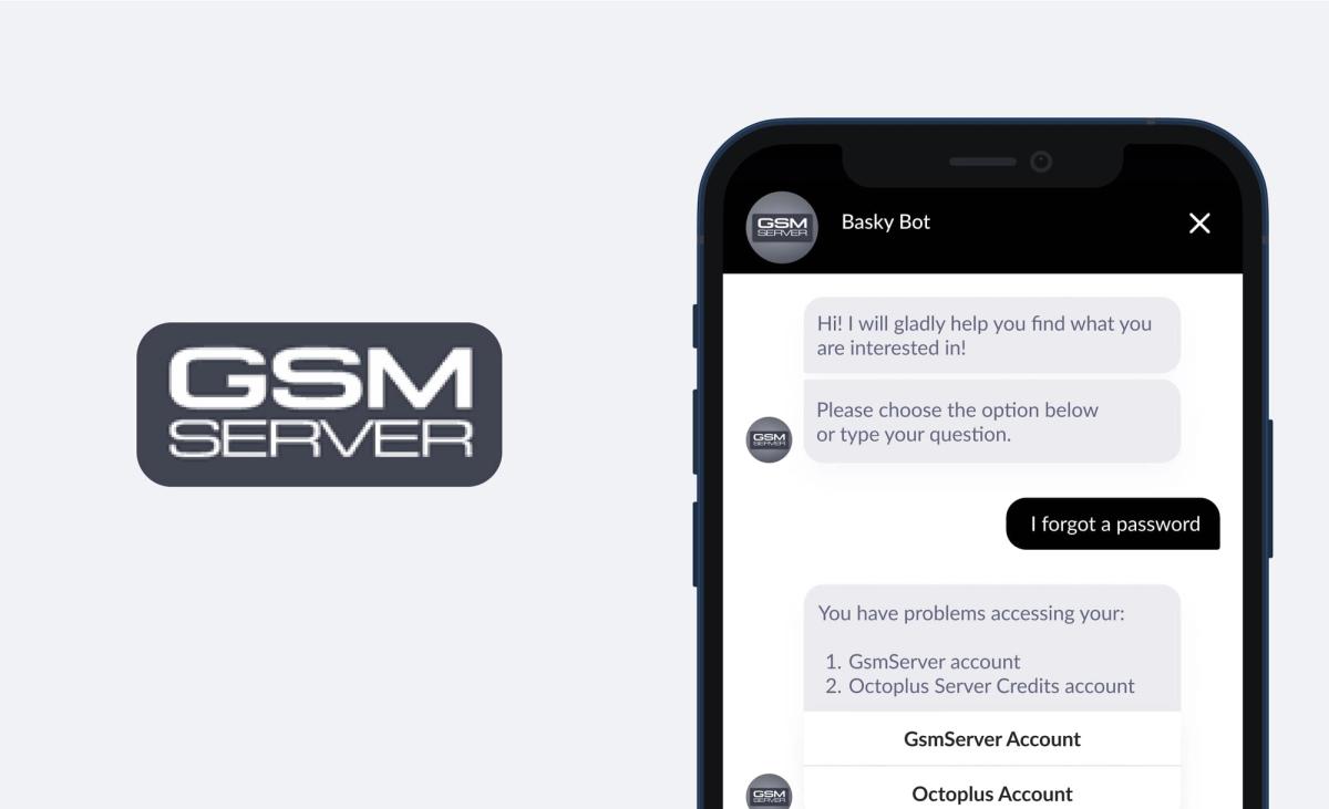The GSM Server logo beside a phone mockup of its Basky Bot, which offers menu options and, after 'I forgot a password', asks whether the problem is with a GsmServer account or an Octoplus Server Credits account