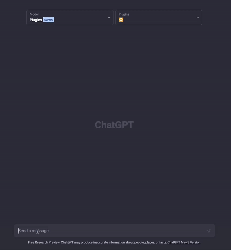 An animation of the ChatGPT interface in Plugins (alpha) mode, showing the Golden plugin being selected and used to look up factual business data.