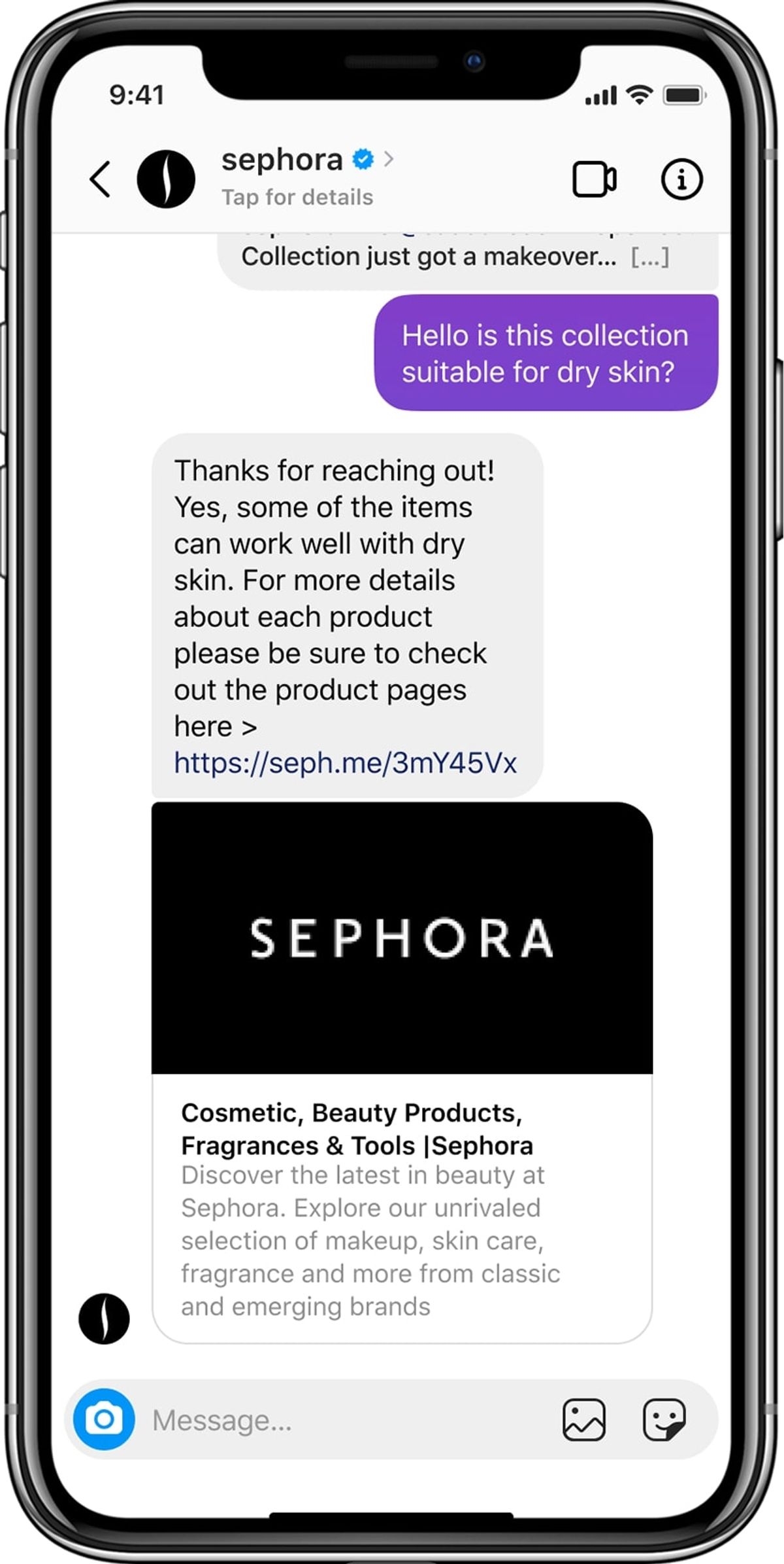 The Sephora Instagram bot in a chat thread, offering the client booking and product options as tappable buttons