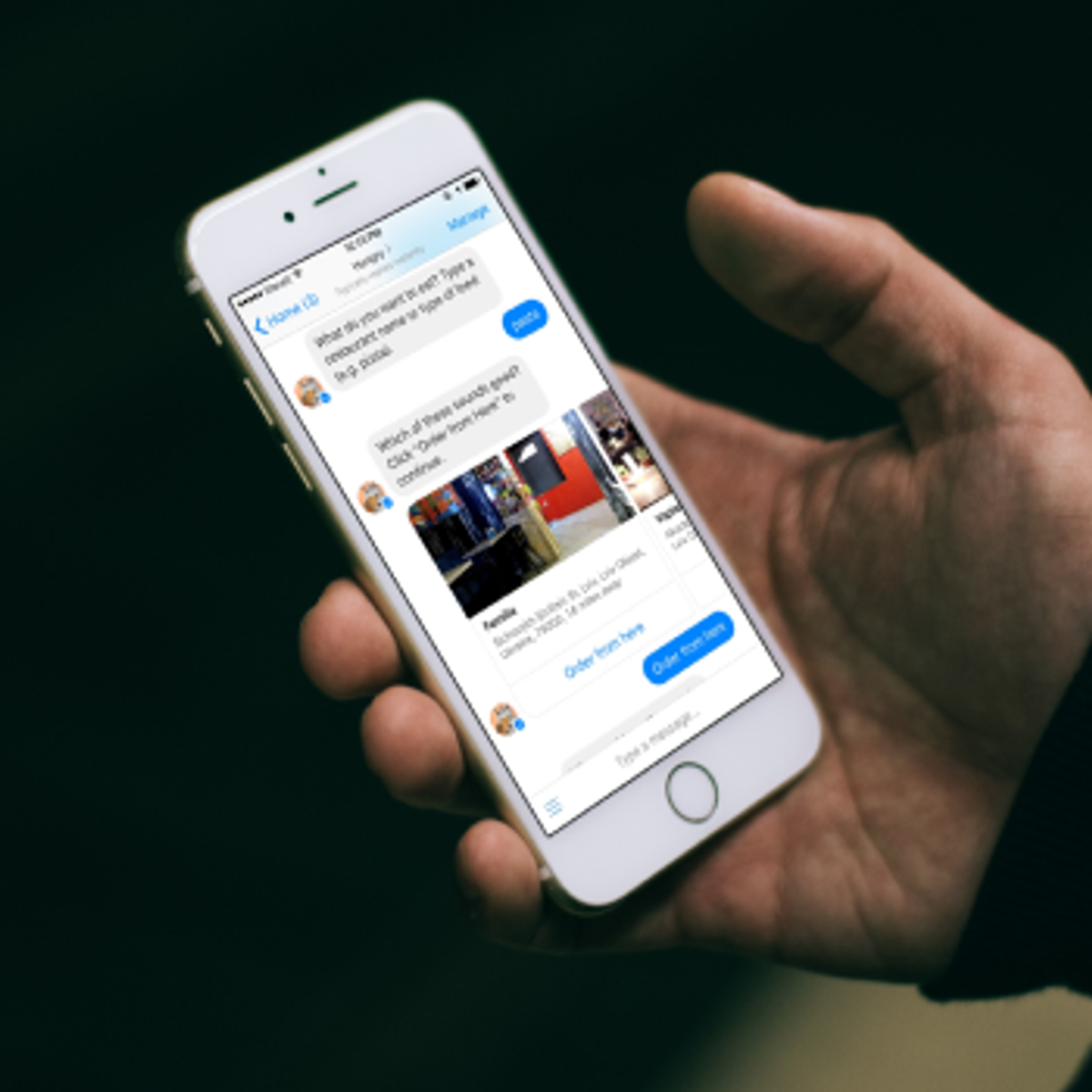 A hand holding an iPhone showing a Facebook Messenger chatbot conversation, the bot answering with product photos and a blue call-to-action button