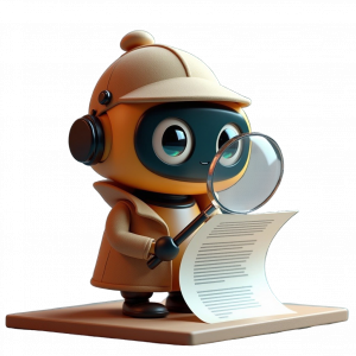 A cartoon robot dressed as a detective, holding a magnifying glass over a document