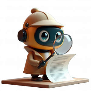 A cartoon robot dressed as a detective, holding a magnifying glass over a document