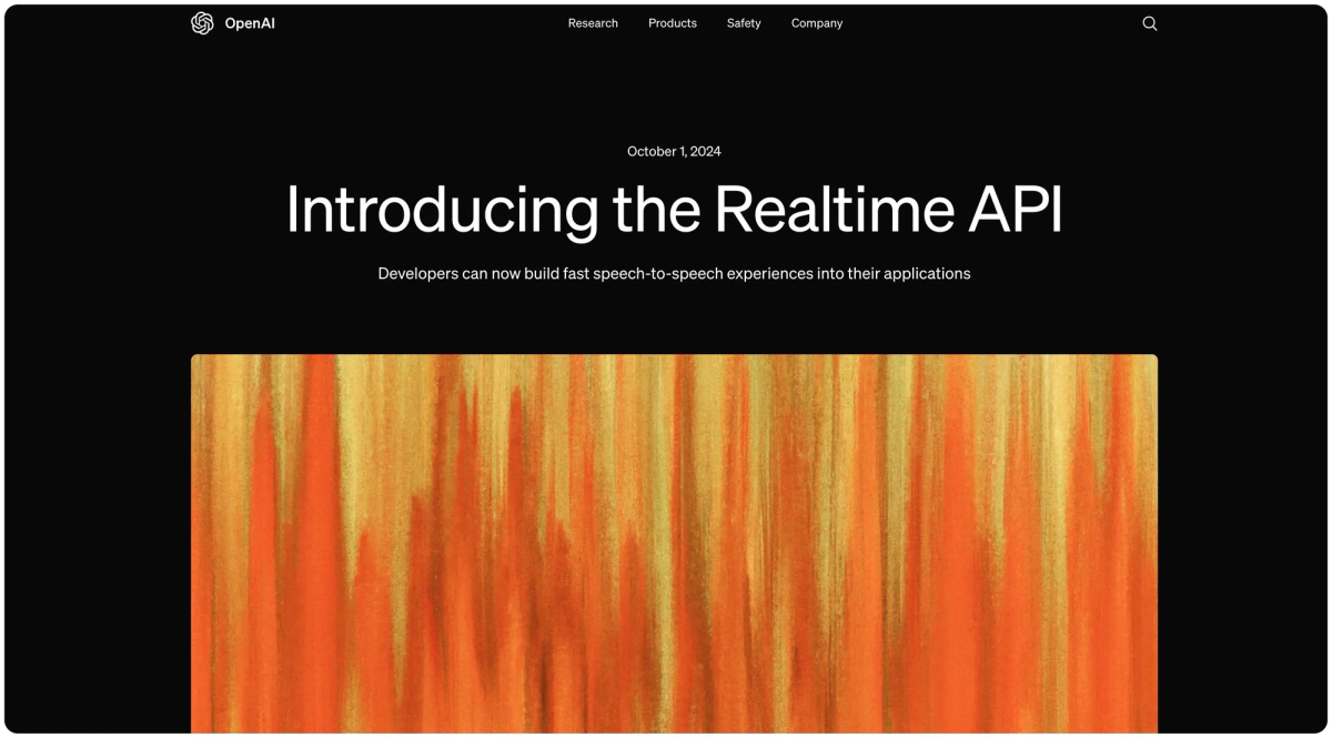 OpenAI's announcement page dated October 1, 2024, headlined "Introducing the Realtime API" with the strapline "Developers can now build fast speech-to-speech experiences into their applications"