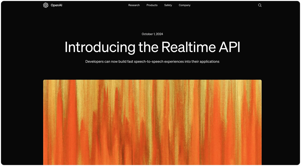 OpenAI's announcement page dated October 1, 2024, headlined "Introducing the Realtime API" with the strapline "Developers can now build fast speech-to-speech experiences into their applications"