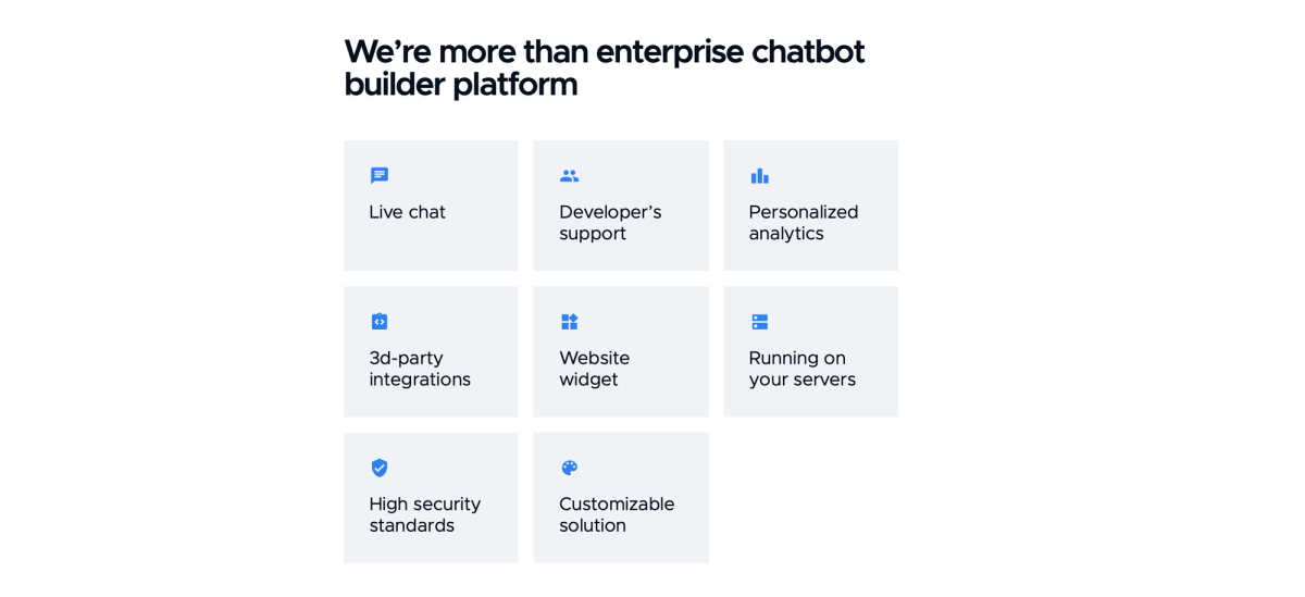 BotsCrew Enterprise Chatbot Platform Screen: a panel headed “We’re more than enterprise chatbot builder platform” over eight icon cards — Live chat; Developer’s support; Personalized analytics; 3d-party integrations; Website widget; Running on your servers; High security standards; Customizable solution.