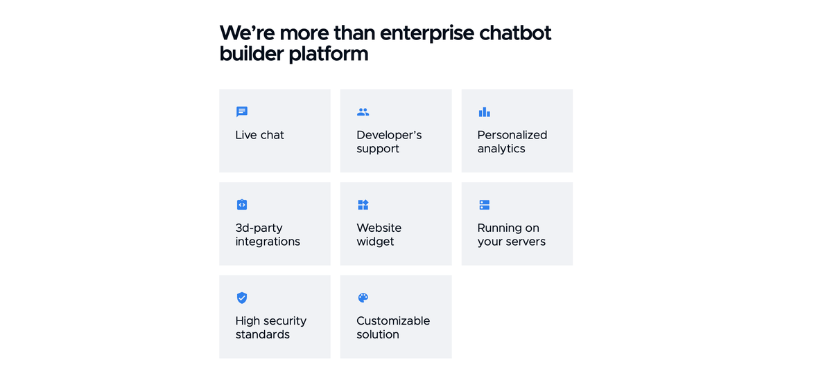 BotsCrew Enterprise Chatbot Platform Screen: a panel headed “We’re more than enterprise chatbot builder platform” over eight icon cards — Live chat; Developer’s support; Personalized analytics; 3d-party integrations; Website widget; Running on your servers; High security standards; Customizable solution.