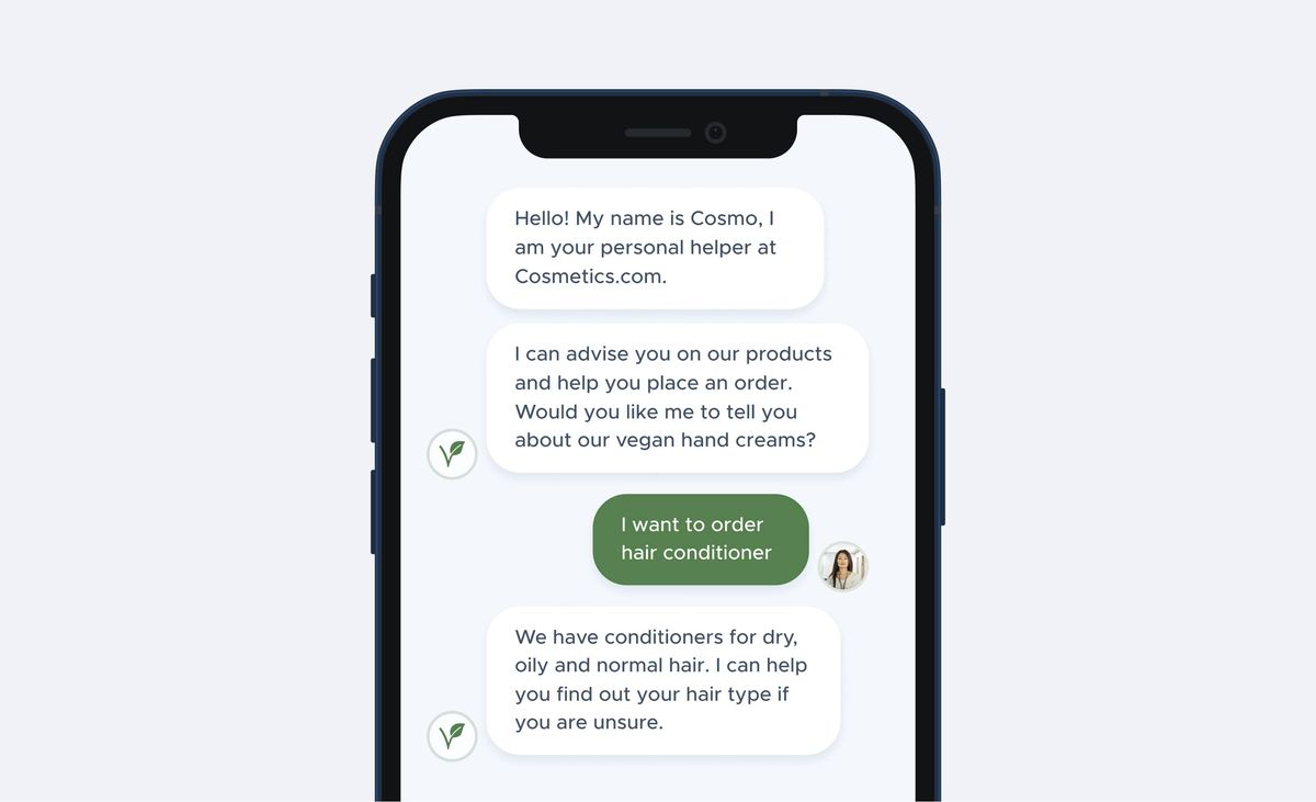 Phone mockup of the cosmetics chatbot Cosmo introducing itself as a personal helper at Cosmetics.com, offering to describe vegan hand creams, and answering a request to order hair conditioner