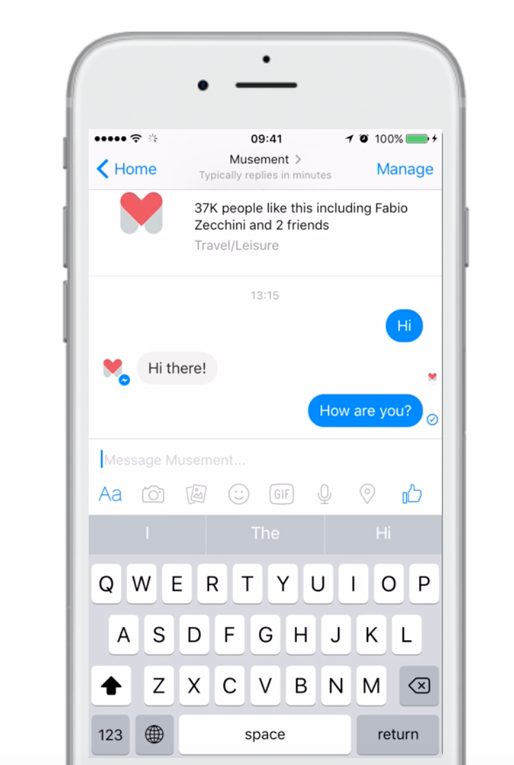 A Messenger conversation with the Musement travel bot on a phone: the user says Hi, the bot replies “Hi there!”