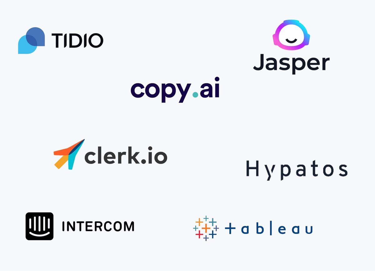 Logos of off-the-shelf AI products: Tidio, Jasper, copy.ai, clerk.io, Hypatos, Intercom and Tableau