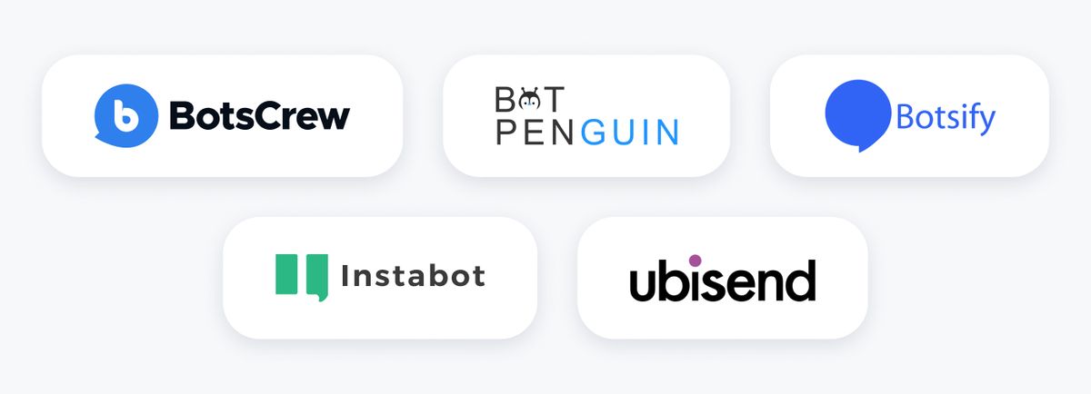 Logo grid of the five platforms covered: BotsCrew, BotPenguin, Botsify, Instabot and ubisend